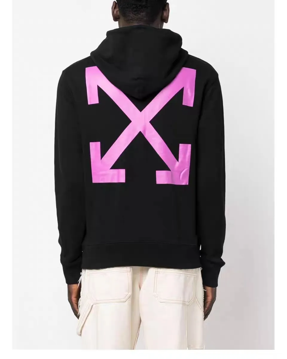 ♻️💯Upper body reference model picture❤️The top tested version Off-White 2023 new autumn and winter Angel Caravaggio spray-painted arrow hooded sweatshirt. The craftsmanship of this model can be said to be very difficult. There is a direct comparison between our home and many versions on the market. You can more clearly distinguish between good and bad just by looking at the prints. This printing uses Kornit's digital direct-injection process. The entire printing effect is like drawing lines with a marker pen. The imitation effect can achieve the same visual effect as the real thing. The main reason is that the color transition of this printing is too small, which makes it impossible to directly copy the pattern when scanning. The image must be manually enlarged more than 40 times, and then adjusted bit by bit to add a soft color (white) effect. The fabric is made of 480g large fish scale pure cotton terry dyed in a vat, which is a big launch and has a full drape. Full set of customized accessories, washed, labeled. Guaranteed to be the top product on the market.  Color: Black Size: XS-L P:410